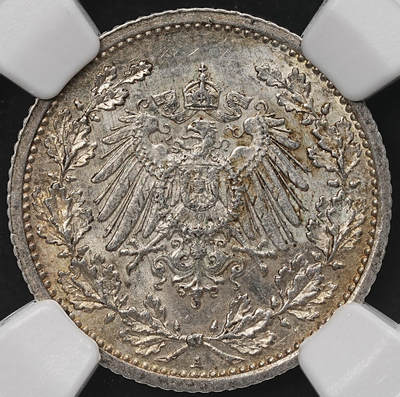 修遠堂世界钱币第107期 - NGC MS63 1908年德国1/2马克银币，A厂铭，早期年份少见