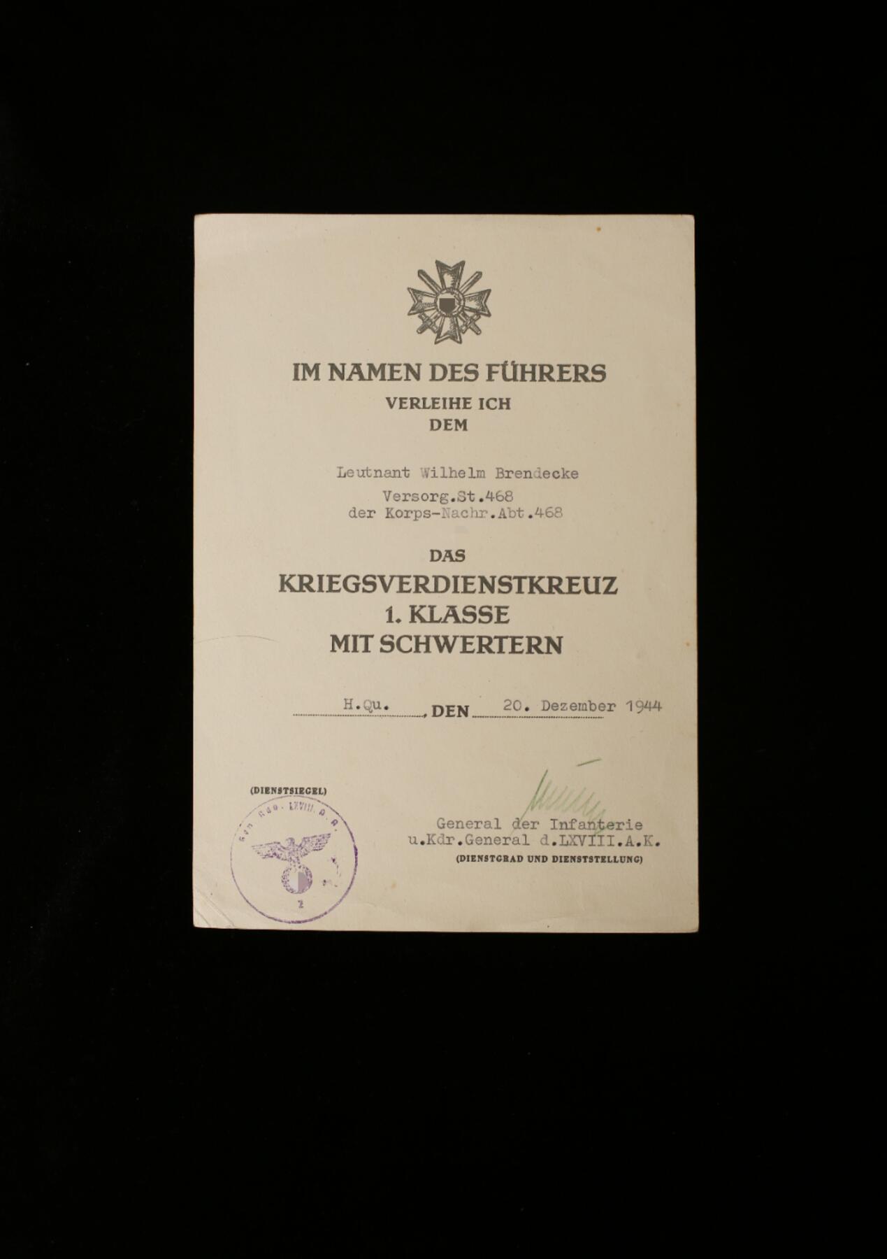戎马世界章牌大赏第112期 德专场 威廉·布伦德克中尉 的带剑一级战功十字勋章的证书 由双剑骑铁获得者 步兵上将 弗里德里希-威廉·穆勒 亲签