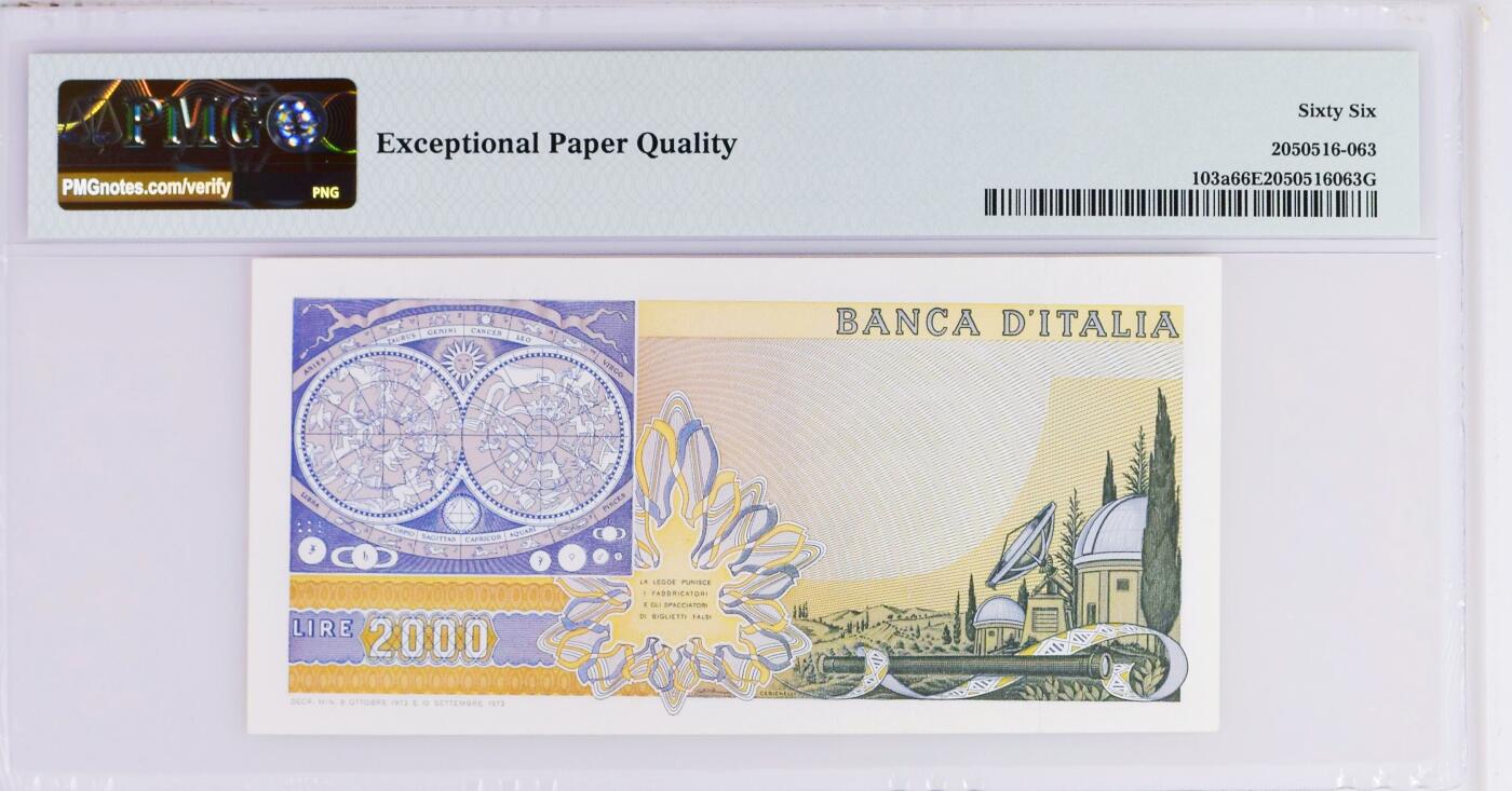 【Blue Auction】世界纸币精拍第794期——18级TOP拍卖/信誉/品质/专业/高效💫 【a版无47】意大利 1973年2000里拉 伽利略 PMG66EPQ 