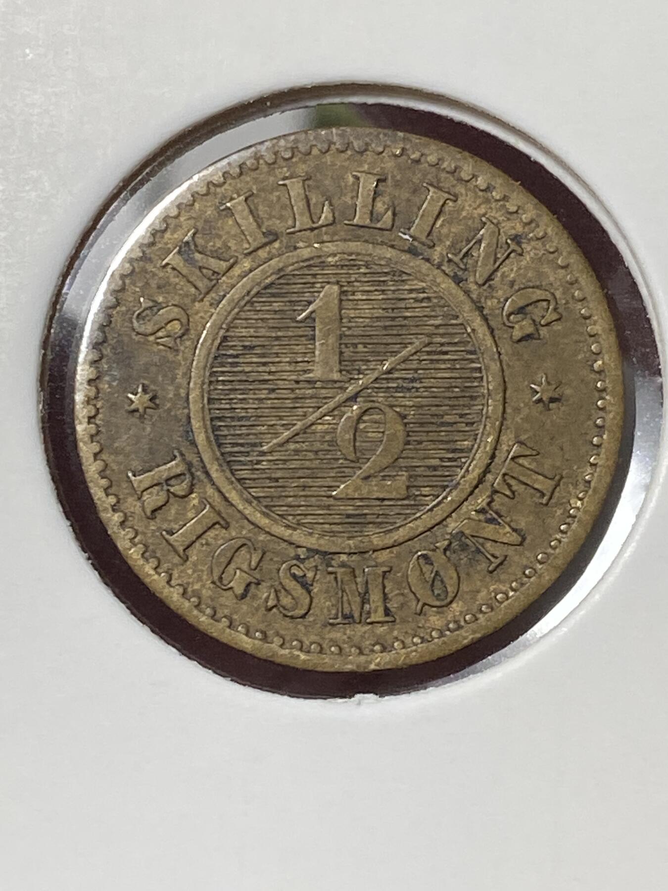 2026年第三十五场(总第二百零四场）外国精品纸夹币场(免佣金) 丹麦王国🇩🇰1868单年份1/2国家货币斯基林(克里斯蒂安九世时期，皇冠标c版哥本哈根造)