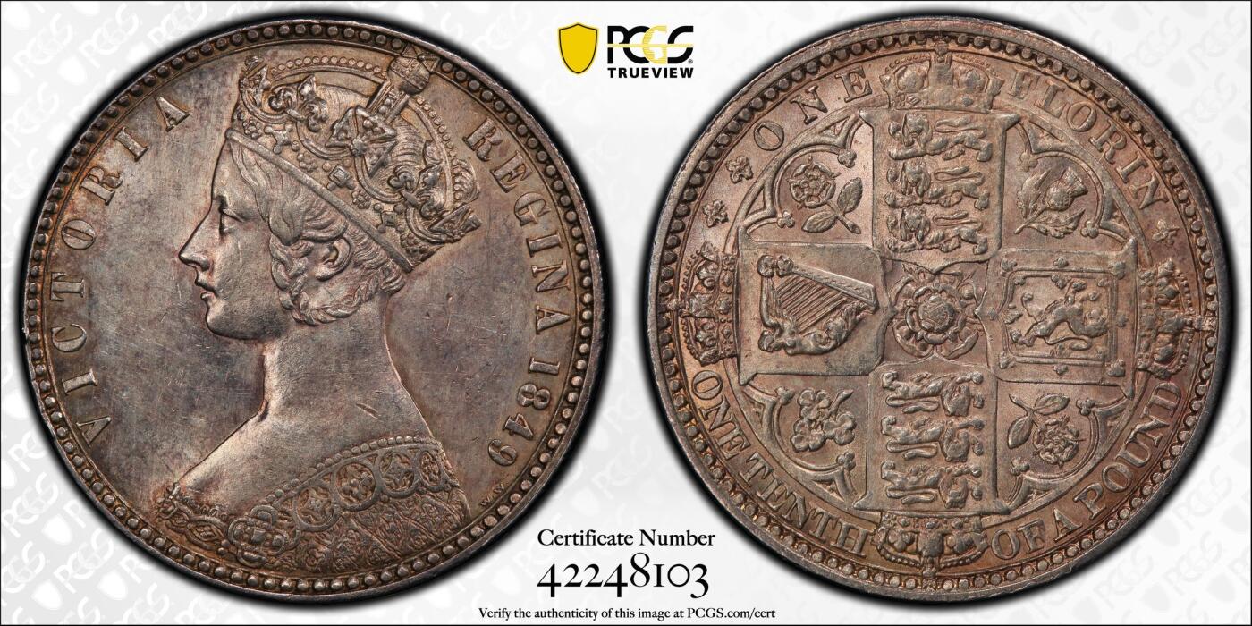 甄臻铺-世界币章拍卖（第54期），3月28日甄品场拍品征集中，送拍享返佣金等优惠多多 PCGS-MS62 大英帝国1849年维多利亚女王，无神弗洛林Florin，经典热门品种无需多言。