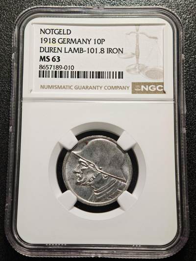 【德藏】世界币章拍卖第167期（拍品征集中~欢迎藏友联系） - 1918年 德国紧急时期迪伦士兵头像10芬尼铁币 NGC MS63 保存不易 状态极佳
