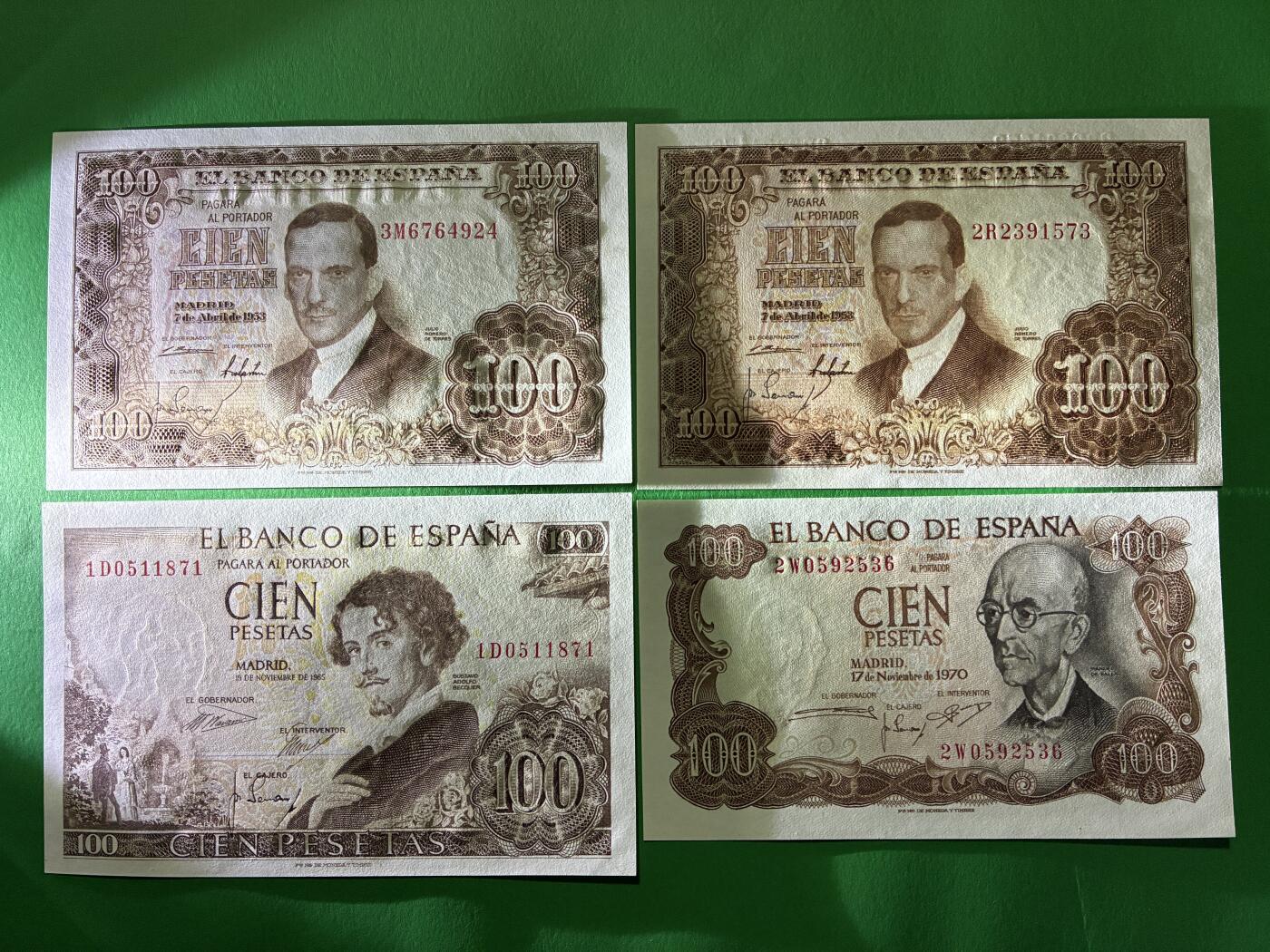 咖啡豆•收藏 2026年Mar_18th世界各国纸币拍卖 4枚 西班牙 100比塞塔 全新UNC 外国纸币