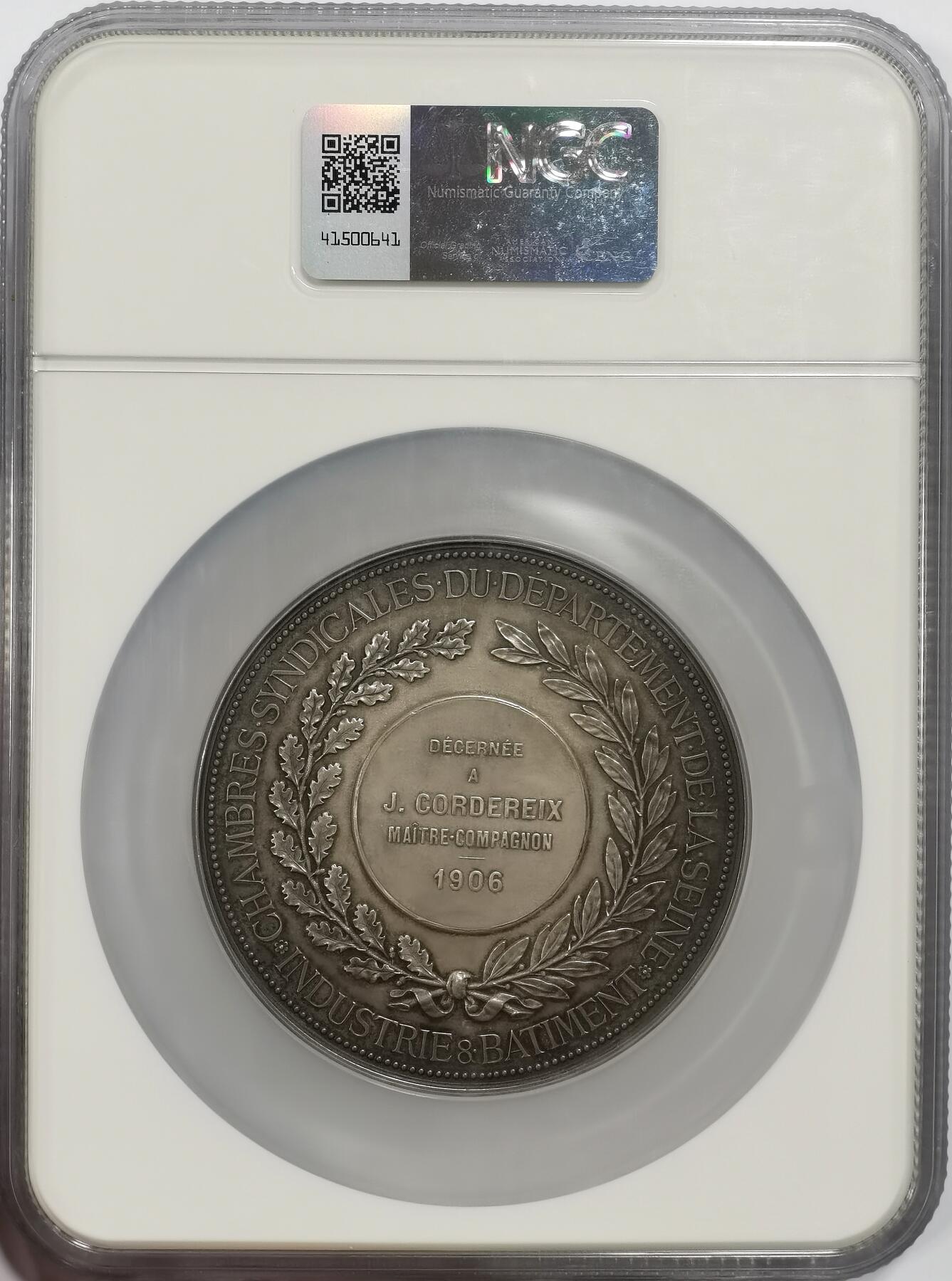 博洋堂世界钱币拍卖第164期（全场包邮） NGC MS64 法国1906年塞纳河劳工联合会大规格纪念银章，标准欧陆灰彩，场景雕刻繁复精美，72mm直径，一百多克大银章。