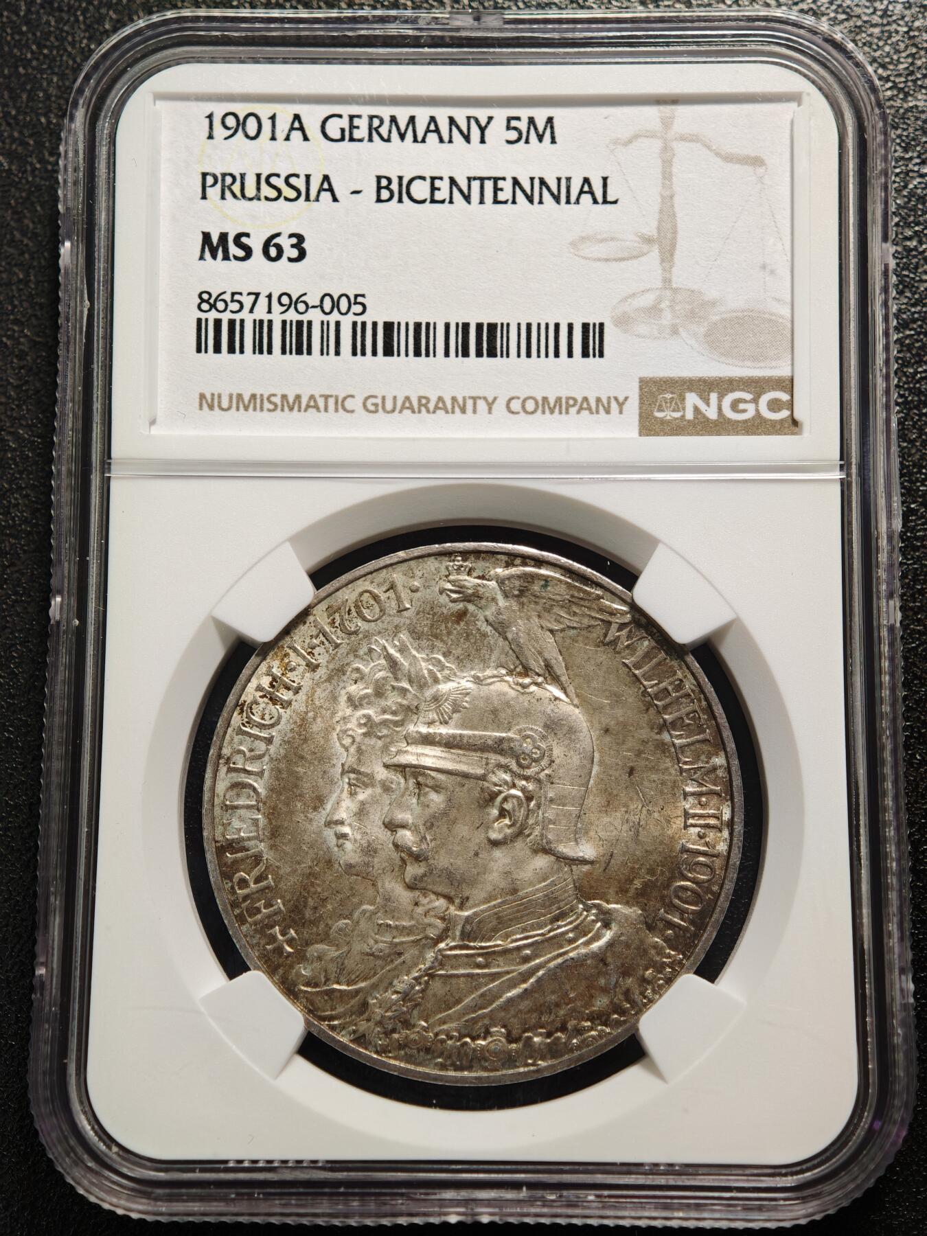 【德藏】世界币章拍卖第167期（拍品征集中~欢迎藏友联系） 1901年 德国普鲁士建国200周年5马克大银币 NGC MS63 深彩包浆 兼备原光及转光