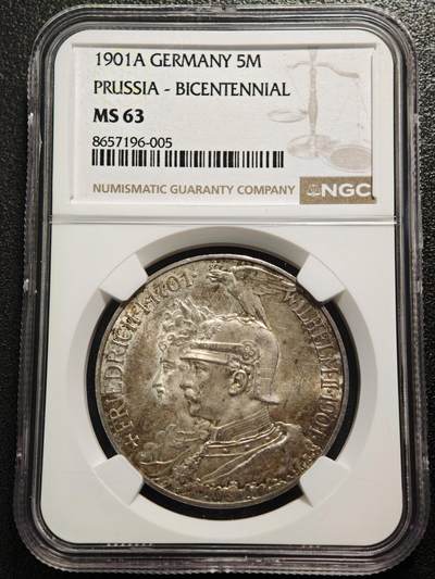 【德藏】世界币章拍卖第167期（拍品征集中~欢迎藏友联系） - 1901年 德国普鲁士建国200周年5马克大银币 NGC MS63 深彩包浆 兼备原光及转光