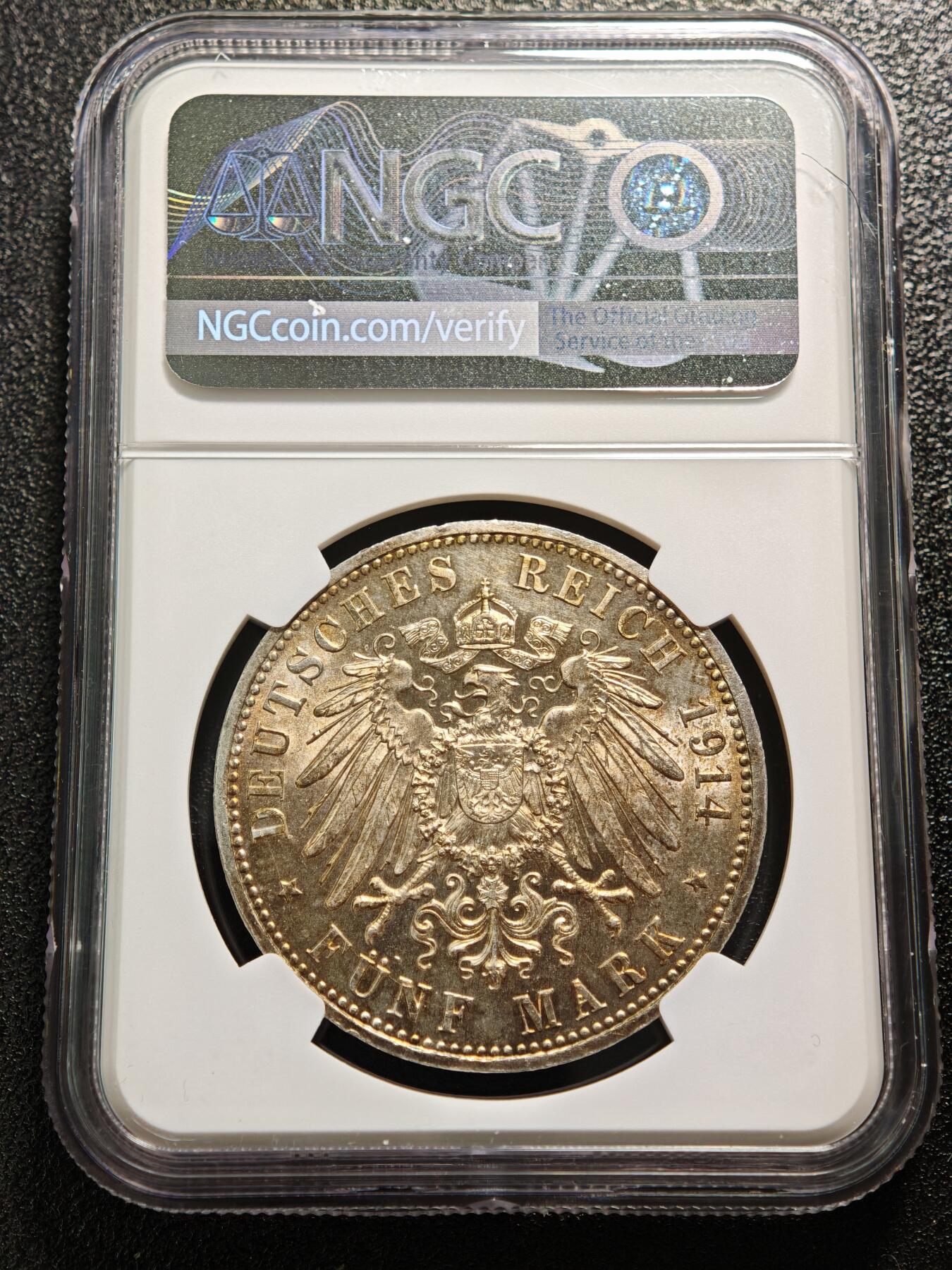 【德藏】世界币章拍卖第167期（拍品征集中~欢迎藏友联系） 1914年 德国普鲁士威廉二世军装5马克大银币 NGC UNC