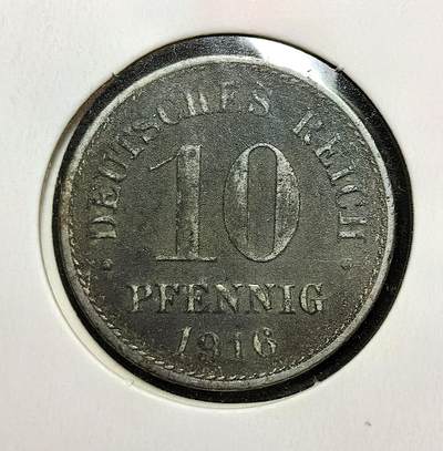 外国优质老铜币银币苏联纪念章，每周六晚九点倒数截拍，满百包邮可寄存，持续收拍 - 德意志帝国1916年10芬尼A版，正面为帝国鹰国徽，背面是面值与年份。属一战战时货币，因战略金属匮乏改用铁铸，见证德国战时经济管控与帝国历史。