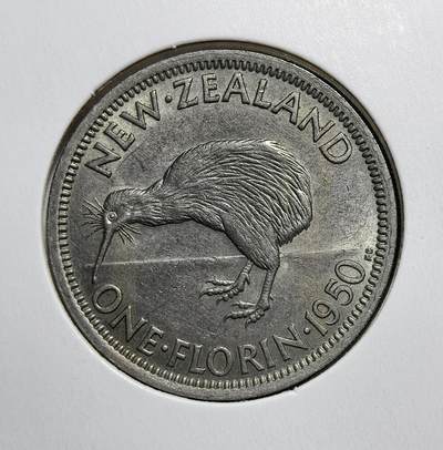 外国优质老铜币银币苏联纪念章，每周六晚九点倒数截拍，满百包邮可寄存，持续收拍 - 新西兰乔治六世1950年1佛罗林，属英联邦时期流通币，正面为国王侧像，背面是国鸟几维鸟，是新西兰战后经济复苏期的货币见证，极具地域特色与收藏价值。