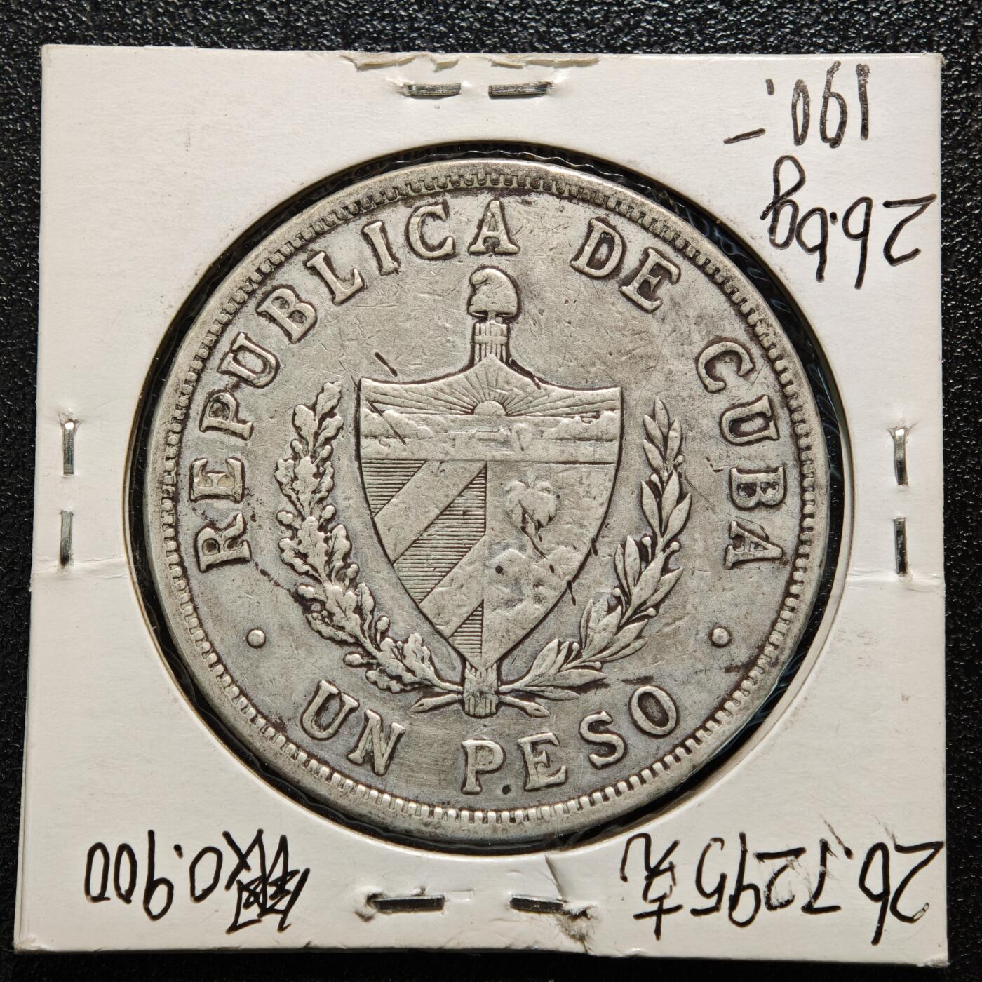 【德藏】世界币章拍卖第167期（拍品征集中~欢迎藏友联系） 老藏家集藏系列之- 1916年 古巴1比索银币 900银 重约：26.6g 入册20余年·附有当年购入价