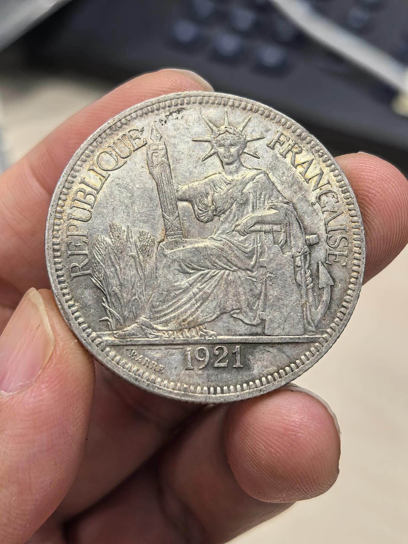 博洋堂世界钱币拍卖第164期（全场包邮） 法属印支1921年H版坐洋银币，原光带墨印