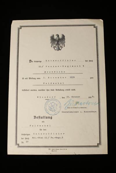 戎马世界章牌大赏第112期 德专场 - 威廉·布伦德克中尉 的军士长晋级证书 由半犹太人 德三陆军少将卡尔·楚克托特亲笔签名