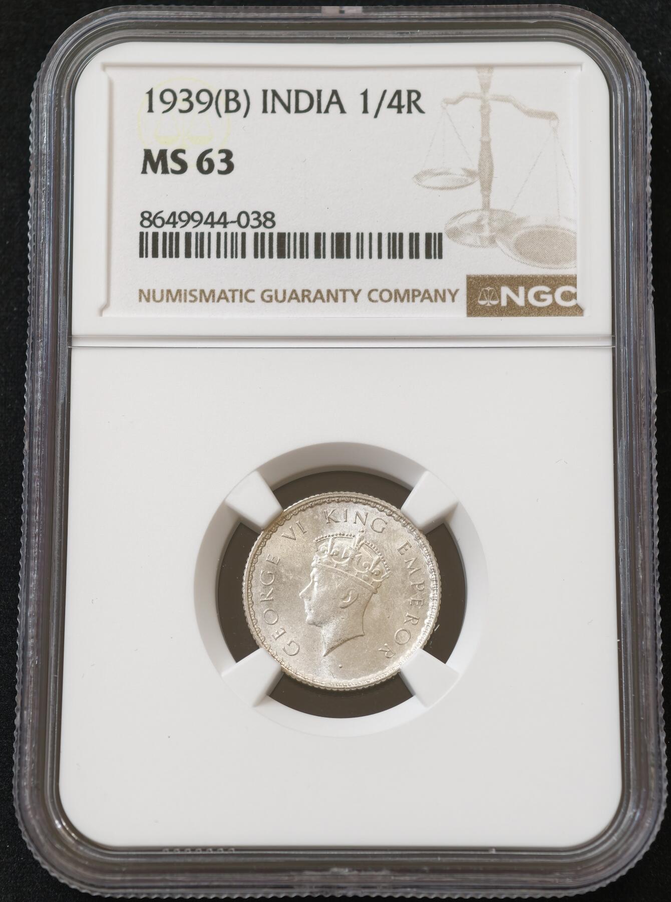 甄臻铺-世界币章拍卖（第54期），3月28日甄品场拍品征集中，送拍享返佣金等优惠多多 NGC-MS63 1939年印度1/4卢比