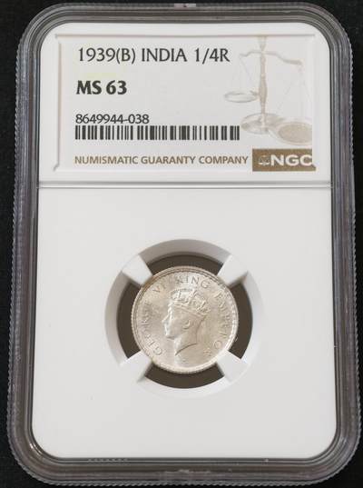 甄臻铺-世界币章拍卖（第54期），3月28日甄品场拍品征集中，送拍享返佣金等优惠多多 - NGC-MS63 1939年印度1/4卢比