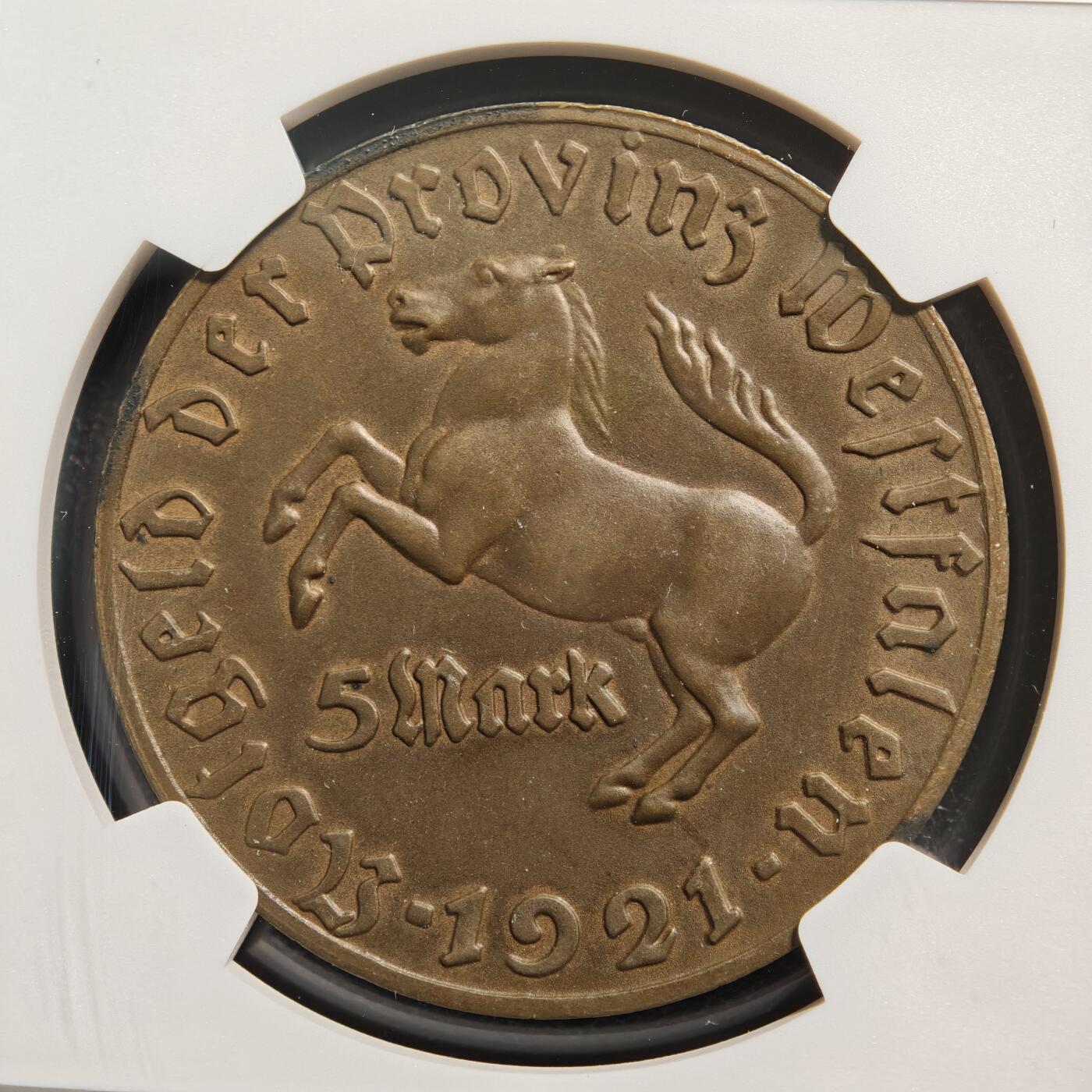 【德藏】世界币章拍卖第167期（拍品征集中~欢迎藏友联系） 稀少！马币总筋！ 1921年 德国德紧威斯特法伦5马克马币铜币 发行量仅4000多枚 NGC MS62 状态极佳