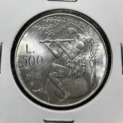 外国优质老铜币银币苏联纪念章，每周六晚九点倒数截拍，满百包邮可寄存，持续收拍 - 圣马力诺1981年500里拉银币11克835银纯银价202元，为纪念古罗马诗人维吉尔逝世 2000 周年而铸。正面为国徽，背面是吹笛的牧神潘，是该国里拉时代的代表性纪念币。