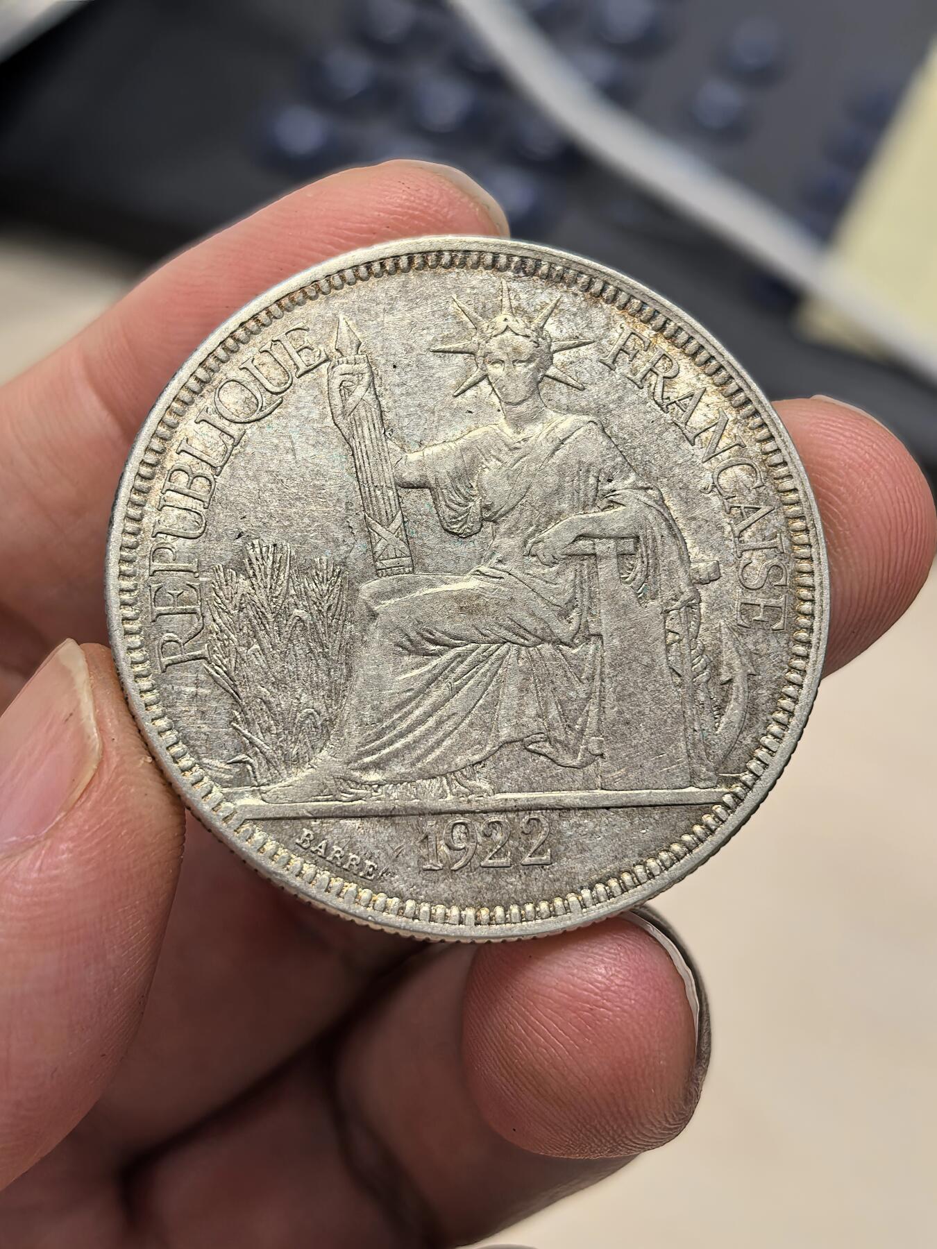 博洋堂世界钱币拍卖第164期（全场包邮） 法属印支1922年无字版坐洋银币，美品黄油包浆