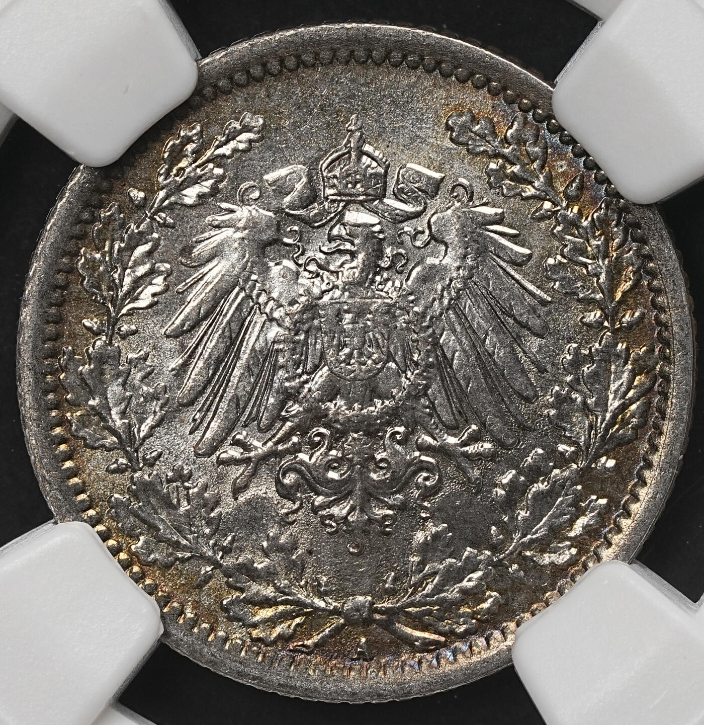 修遠堂世界钱币第107期 NGC MS65 1918年德国1/2马克银币 A厂铭 通体黑彩