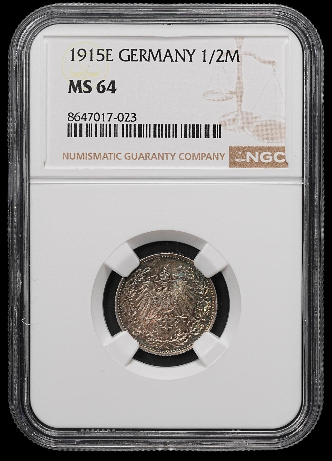 修遠堂世界钱币第107期 NGC MS64 1915年德国1/2马克银币，E厂铭