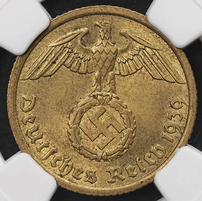 修遠堂世界钱币第107期 - NGC MS64 1939年德三10芬尼铜币 A厂铭