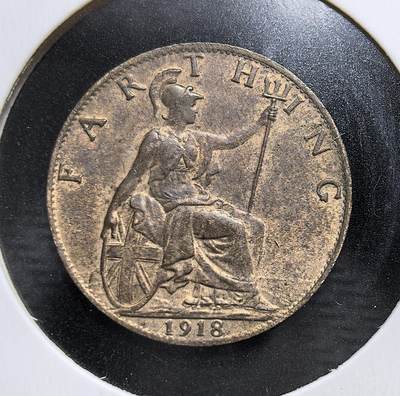 外国优质老铜币银币苏联纪念章，每周六晚九点倒数截拍，满百包邮可寄存，持续收拍 - 英国乔治五世1918年法新铜币。正面为乔治五世左向头像，背面是不列颠尼亚女神坐像，铸造于大萧条与英国脱离金本位的动荡年代，是英帝国全盛期的小额流通货币见证。