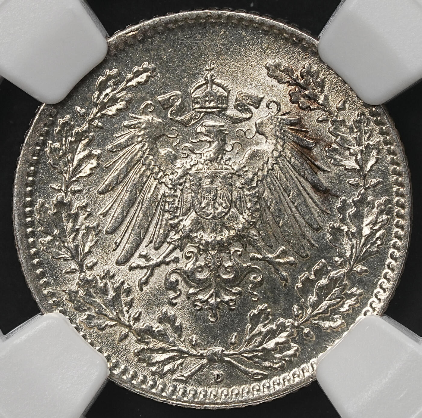 修遠堂世界钱币第107期 NGC MS64 1916年德国1/2马克银币 D厂铭