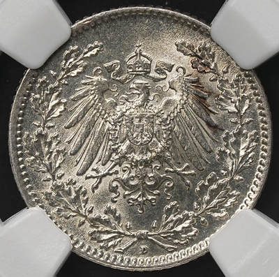 修遠堂世界钱币第107期 - NGC MS64 1916年德国1/2马克银币 D厂铭