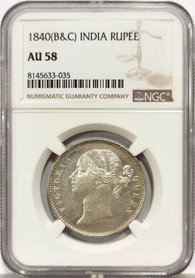 博洋堂世界钱币拍卖第164期（全场包邮） - NGC AU58 英属东印度公司1840年维多利亚双辫版1卢比银币-1