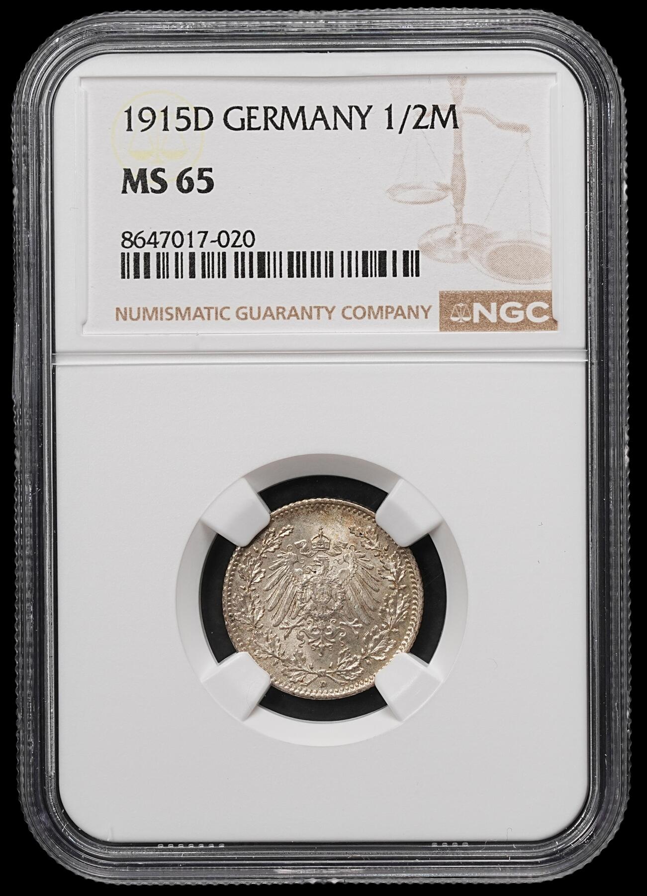 修遠堂世界钱币第107期 NGC MS65 1915年德国1/2马克银币，D厂铭