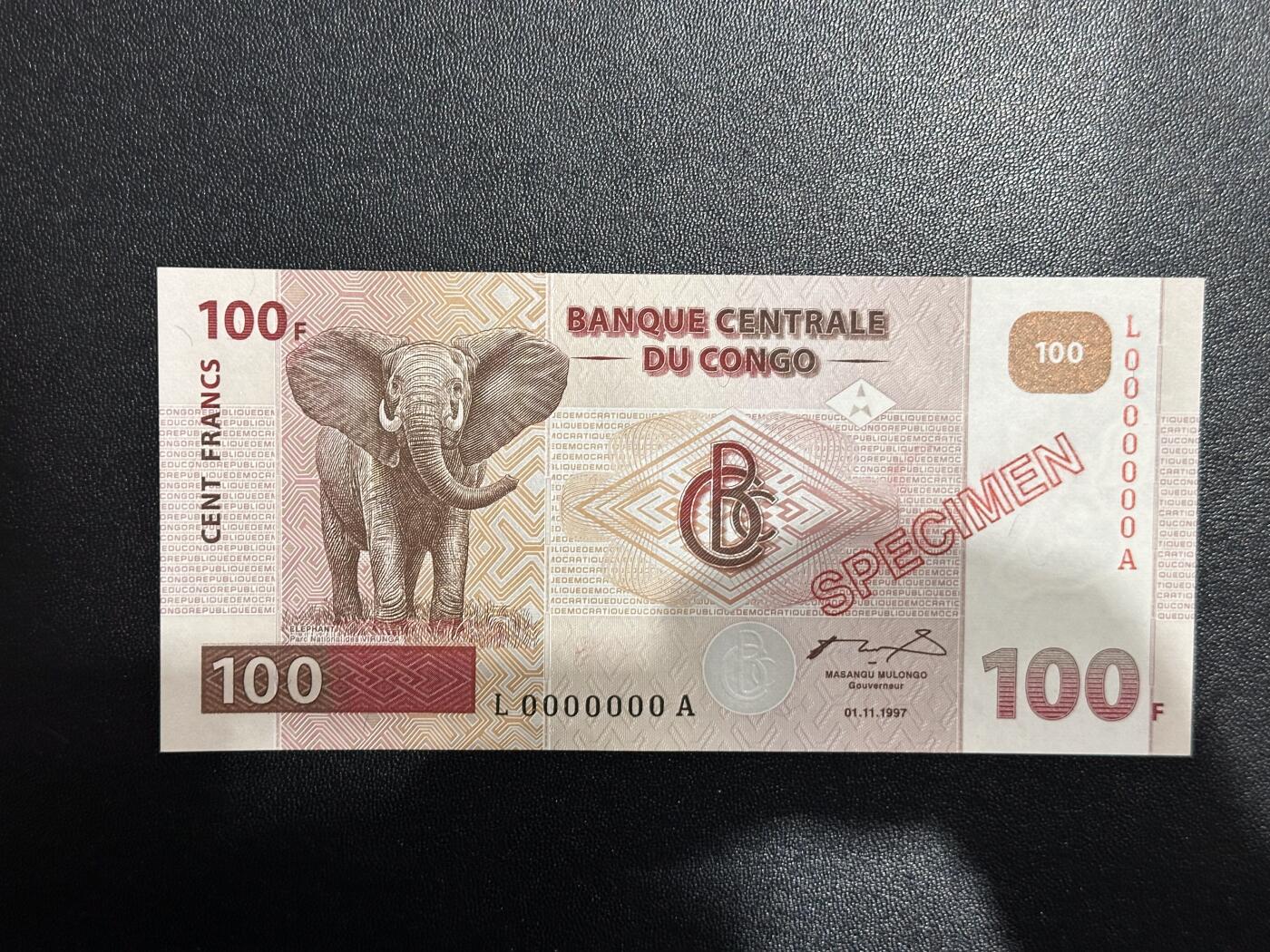 《外钞收藏家》第六百一十七期（精选场）（长期征集拍品、欢迎藏友们联系合作） 样票 非洲民主刚果 最罕见品种 1997年100法郎非常稀少 全新UNC