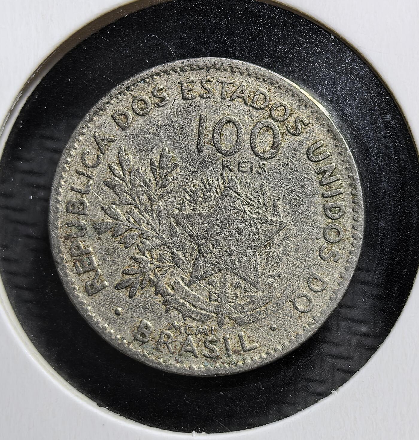 外国优质老铜币银币苏联纪念章，每周六晚九点倒数截拍，满百包邮可寄存，持续收拍 巴西合众国1901年100 瑞斯，里约热内卢造币厂铸造。币面刻自由女神像，是巴西共和初期的货币见证，为近代拉美货币史重要实物。