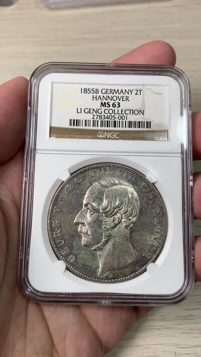 万国钱币拍卖第062期 NGC MS63 1855年德国汉诺威狮马盾徽流通2泰勒 难得早期年份（比后期版本略重） 原味玫瑰香槟色调包浆裹身全深打车轮转光底板 几近消失的高品汉诺威2T NGC老盒典藏级品质