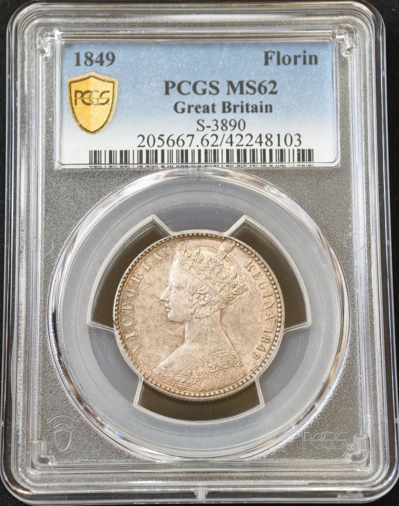 甄臻铺-世界币章拍卖（第54期），3月28日甄品场拍品征集中，送拍享返佣金等优惠多多 PCGS-MS62 大英帝国1849年维多利亚女王，无神弗洛林Florin，经典热门品种无需多言。