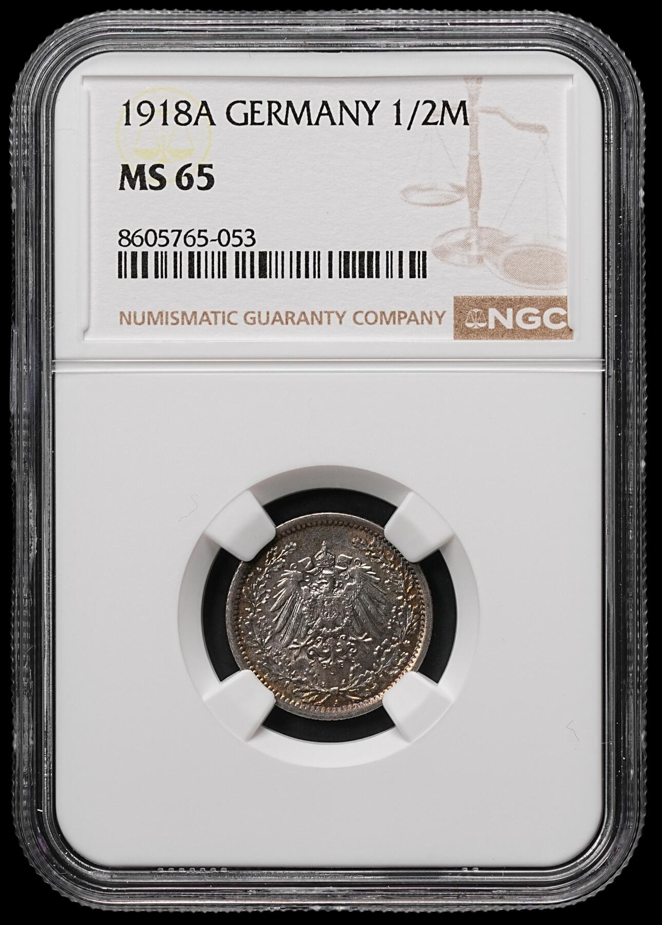 修遠堂世界钱币第107期 NGC MS65 1918年德国1/2马克银币 A厂铭 通体黑彩