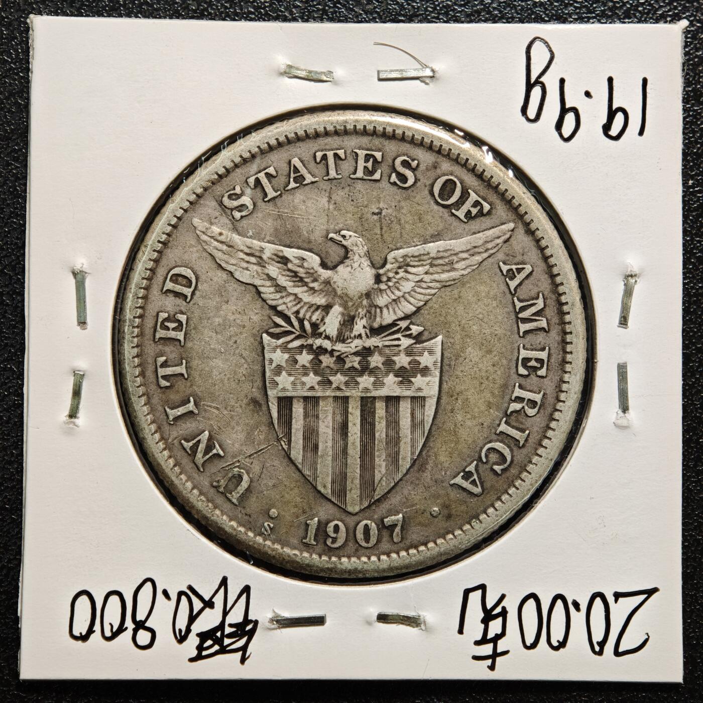 【德藏】世界币章拍卖第167期（拍品征集中~欢迎藏友联系） 老藏家集藏系列之- 1907年 美属菲律宾1比索 小样 800银 重约：19.9g 入册20余年·附有当年购入价