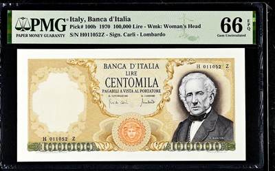 【Blue Auction】世界纸币精拍第794期——18级TOP拍卖/信誉/品质/专业/高效💫 -   【b版 无47】意大利 1970年10万里拉 顶级人物雕刻曼左尼 PMG66EPQ 背面科莫、科莫湖和博莱托山风景唯美