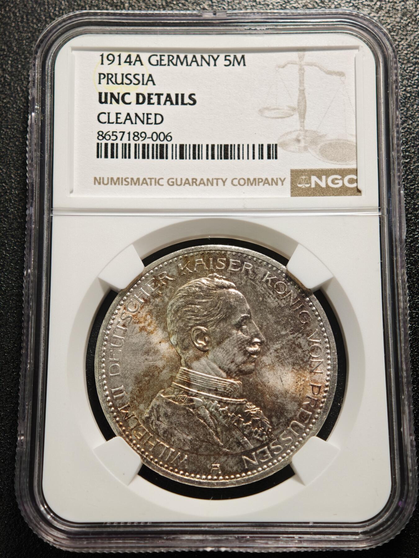 【德藏】世界币章拍卖第167期（拍品征集中~欢迎藏友联系） 1914年 德国普鲁士威廉二世军装5马克大银币 NGC UNC