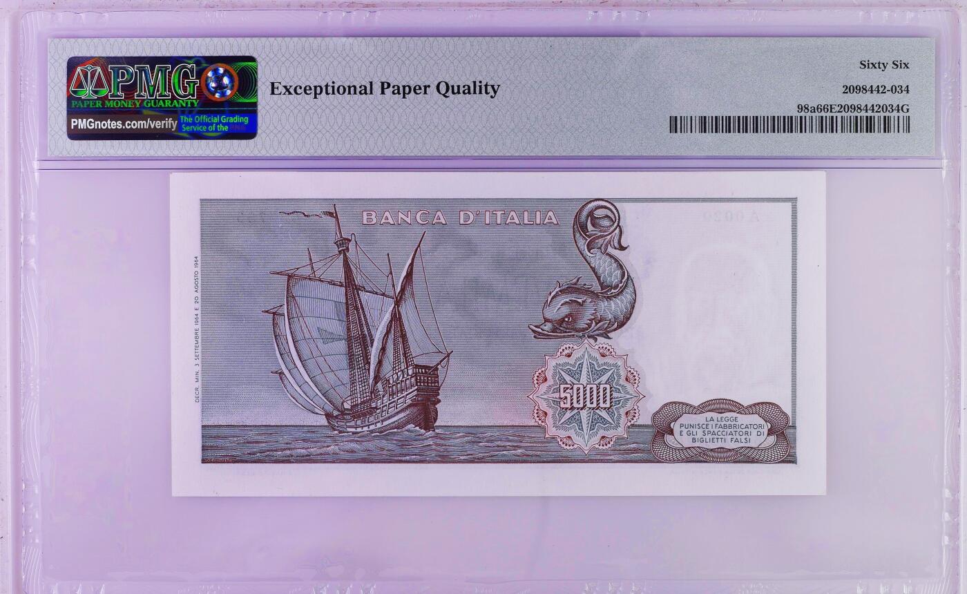 【Blue Auction】世界纸币精拍第794期——18级TOP拍卖/信誉/品质/专业/高效💫 【a版】意大利 1964年5000里拉 哥伦布 PMG66EPQ 