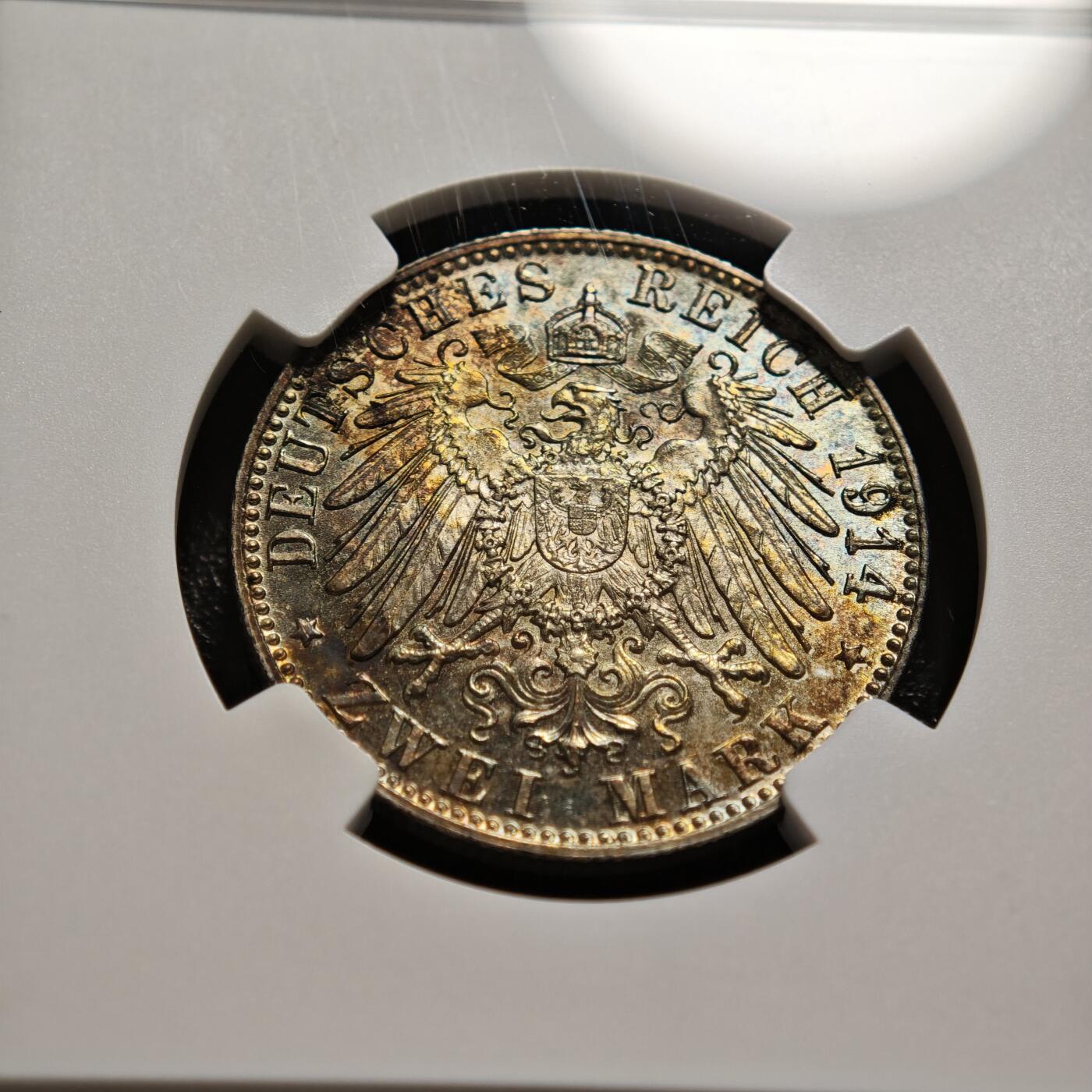 【德藏】世界币章拍卖第167期（拍品征集中~欢迎藏友联系） 1914年 德国巴伐利亚2马克银币 NGC MS63 五彩包浆 状态极佳