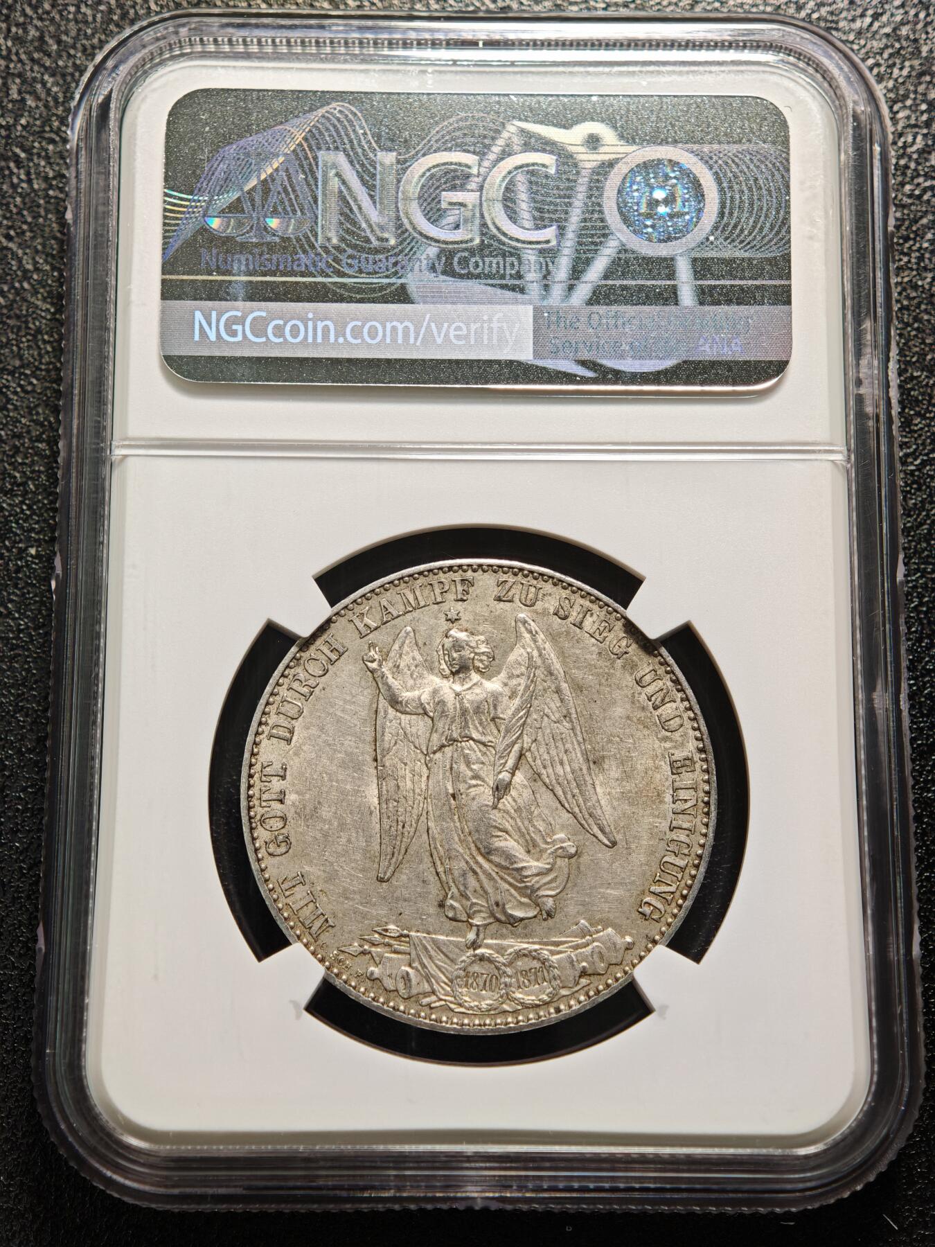 【德藏】世界币章拍卖第167期（拍品征集中~欢迎藏友联系） 1871年 德国符腾堡卡尔一世普法战争胜利纪念泰勒银币 NGC AU58 淡黄油包浆 1870-1871年普法战争以普鲁士为首的德意志邦联获胜，1871年德意志帝国成立，符腾堡作为南德邦国参与此战并加入德意志帝国