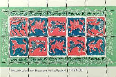 ↓君缘收藏761期☞钱币邮品↓无佣金、可寄存、满30元包邮  - 瑞典邮票，1974年圣诞节·斯凯普图纳教堂描绘动物的毛毡镶嵌刺绣邮票小全张10全