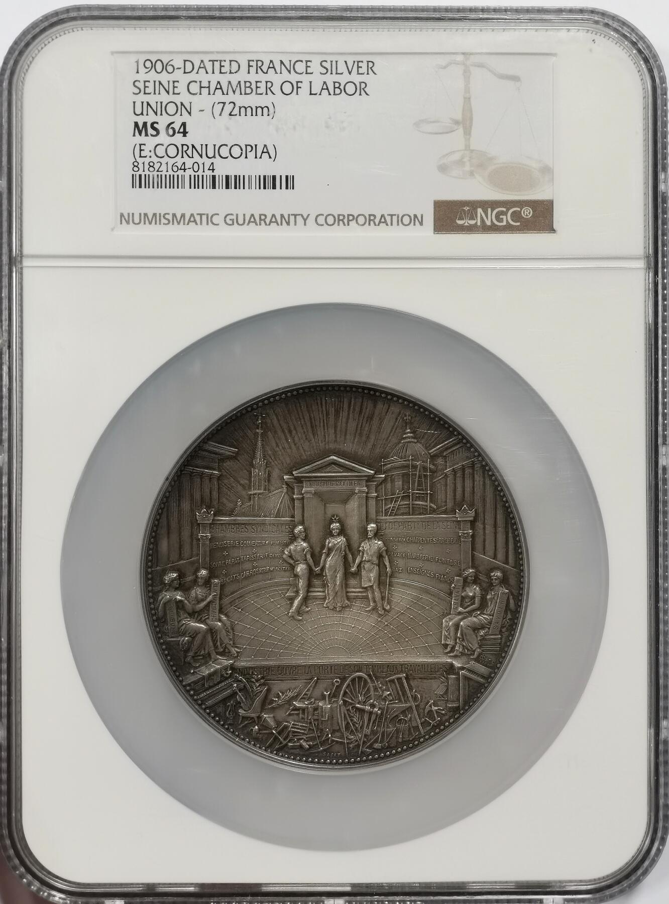 博洋堂世界钱币拍卖第164期（全场包邮） NGC MS64 法国1906年塞纳河劳工联合会大规格纪念银章，标准欧陆灰彩，场景雕刻繁复精美，72mm直径，一百多克大银章。