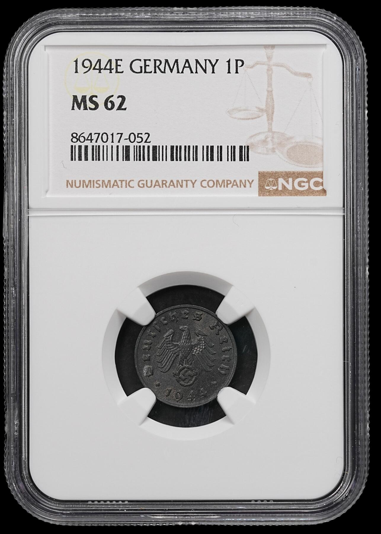 修遠堂世界钱币第107期 NGC MS62 1944年德三1芬尼锌币 E厂铭