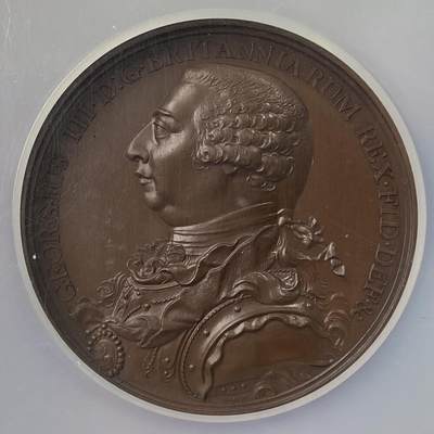 万国钱币拍卖第062期 - NGC MS65 1801年英国乔治三世大不列颠及爱尔兰联合王国联合纪念铜章 48毫米高浮雕原味巧克力包浆 英格兰女神与爱尔兰女神握手