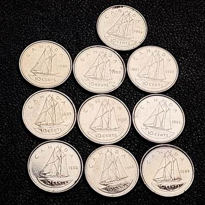 泉币菌-第207场-拍品多 请提前出价 - 10枚 高币值一组 加拿大10分镍币 帆船 伊丽莎白二世 混合年份未挑