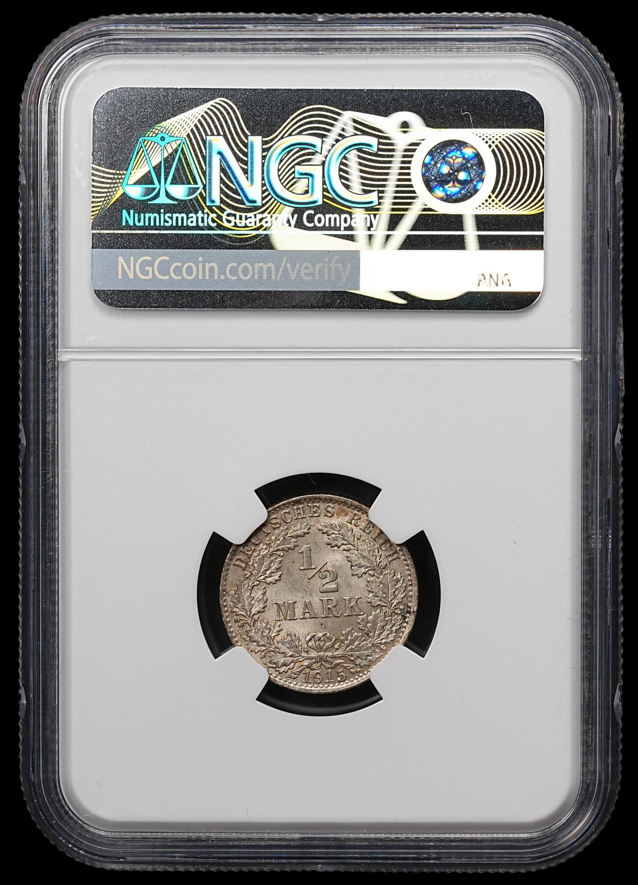 修遠堂世界钱币第107期 NGC MS65 1915年德国1/2马克银币，D厂铭