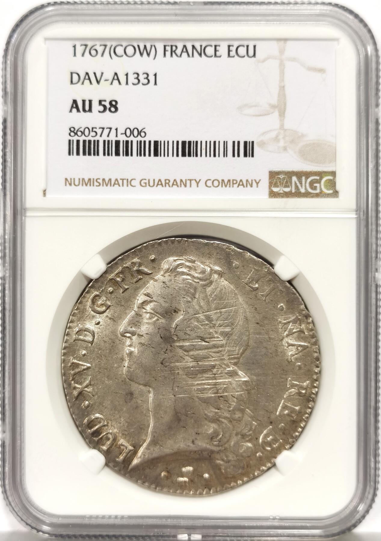 博洋堂世界钱币拍卖第164期（全场包邮） NGC AU58 法国1767年路易十五埃居大银币，牛厂小牛标稀少，正面人像状态一流，收藏佳品