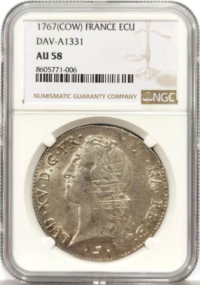 博洋堂世界钱币拍卖第164期（全场包邮） - NGC AU58 法国1767年路易十五埃居大银币，牛厂小牛标稀少，正面人像状态一流，收藏佳品