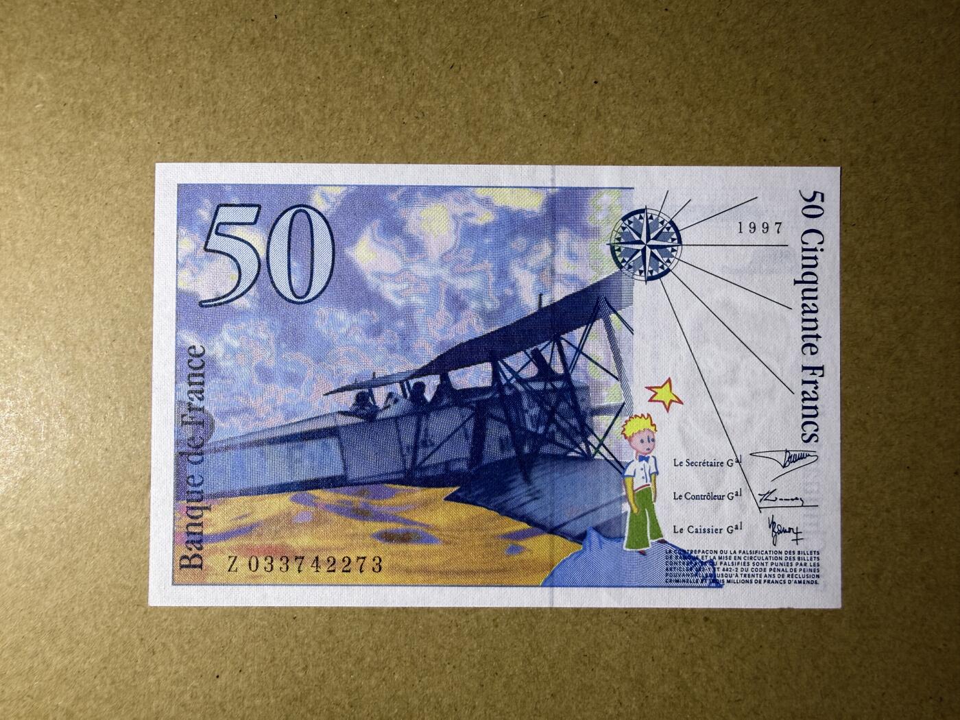 《艾美收藏》第236期-3.15周日外币畅拍 法国50法郎 UNC 1997年Z冠小王子 局部荧光