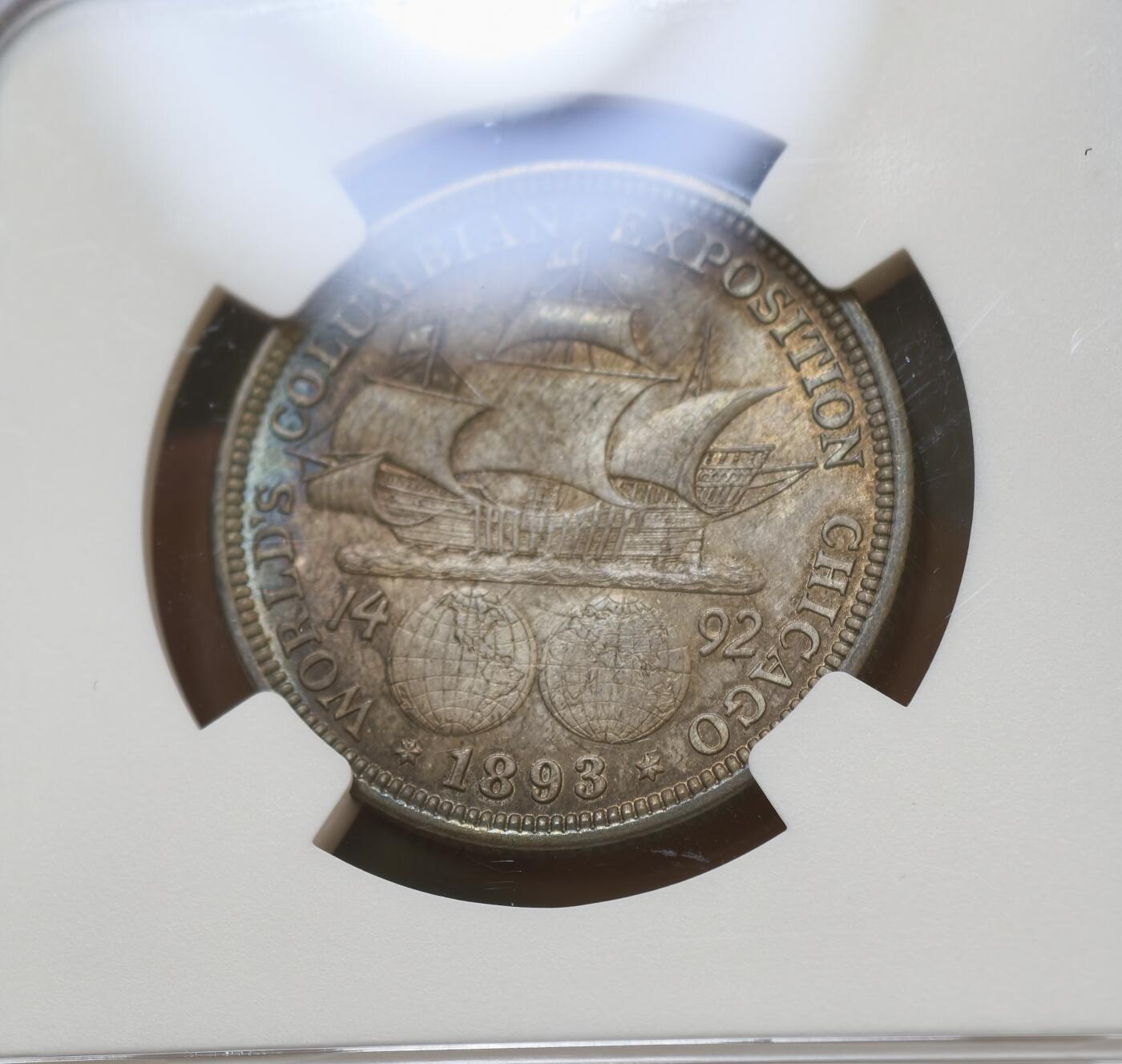 甄臻铺-世界币章拍卖（第54期），3月28日甄品场拍品征集中，送拍享返佣金等优惠多多 NGC-MS64 1893年美国哥伦布纪念50美分